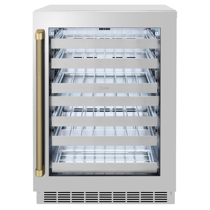 ZLINE Autograph Edition 24 in. Touchstone Dual Zone 44 Bottle Wine Cooler with Stainless Steel Glass Door and Champagne Bronze Helix Handle (RWDOZS-24-KCB)