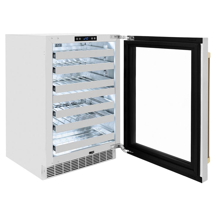 ZLINE Autograph Edition 24 in. Touchstone Dual Zone 44 Bottle Wine Cooler with Stainless Steel Glass Door and Champagne Bronze Helix Handle (RWDOZS-24-KCB)