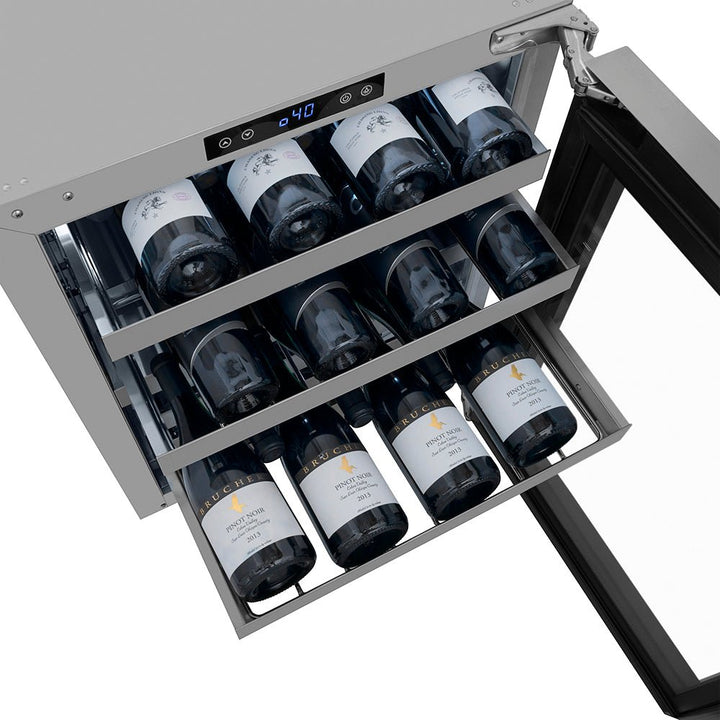ZLINE Autograph Edition 24 in. Touchstone Dual Zone 44 Bottle Wine Cooler with Stainless Steel Glass Door and Polished Nickel Helix Handle (RWDOZS-24-KPN)