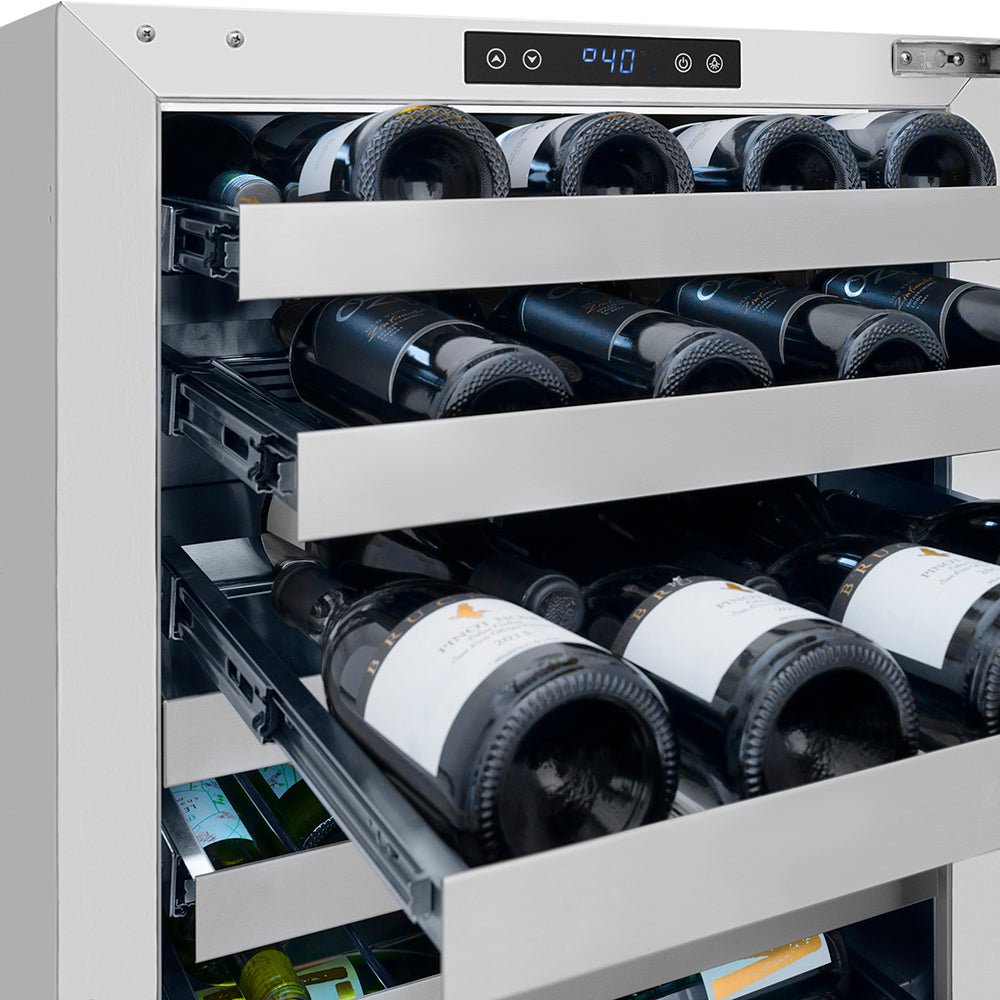 ZLINE Autograph Edition 24 in. Touchstone Dual Zone 44 Bottle Wine Cooler with Stainless Steel Glass Door and Polished Nickel Helix Handle (RWDOZS-24-KPN)