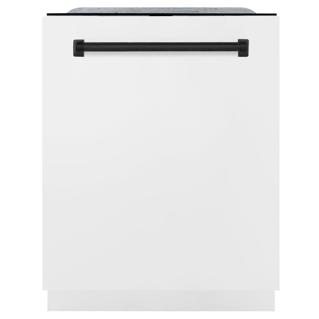 ZLINE Autograph Edition 24" Monument Series 3rd Rack Top Control Built-In Tall Tub Dishwasher in White Matte with Matte Black Handle, 45dBa (DWMTZ-WM-24-MB)