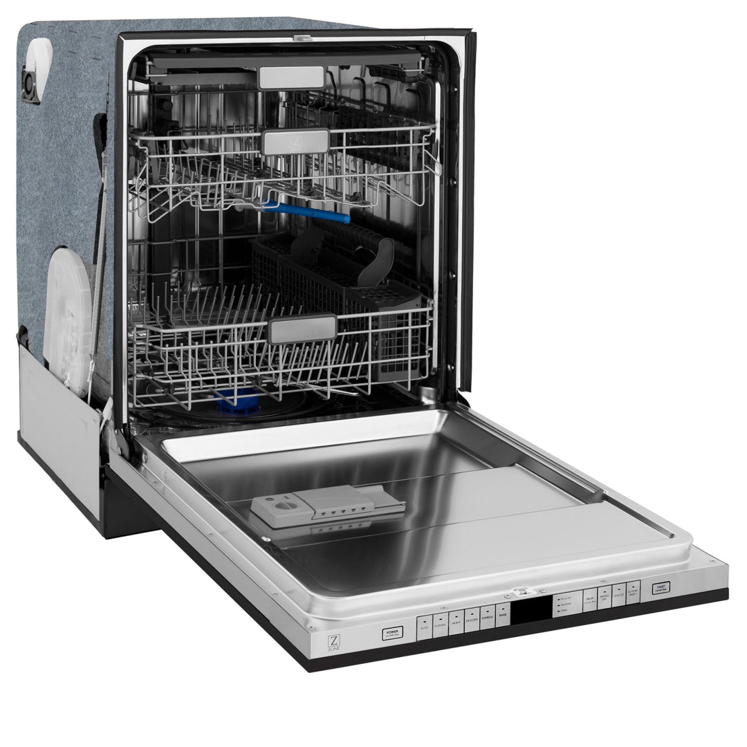 ZLINE Autograph Edition 24" Monument Series 3rd Rack Top Touch Control Tall Tub Dishwasher in Black Stainless Steel with Polished Gold Handle, 45dBa (DWMTZ-BS-24-G)
