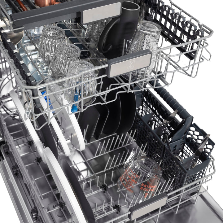 ZLINE Autograph Edition 24" Monument Series 3rd Rack Top Touch Control Tall Tub Dishwasher in Fingerprint Resistant Stainless Steel with Polished Gold Handle, 45dBa (DWMTZ-SN-24-G)