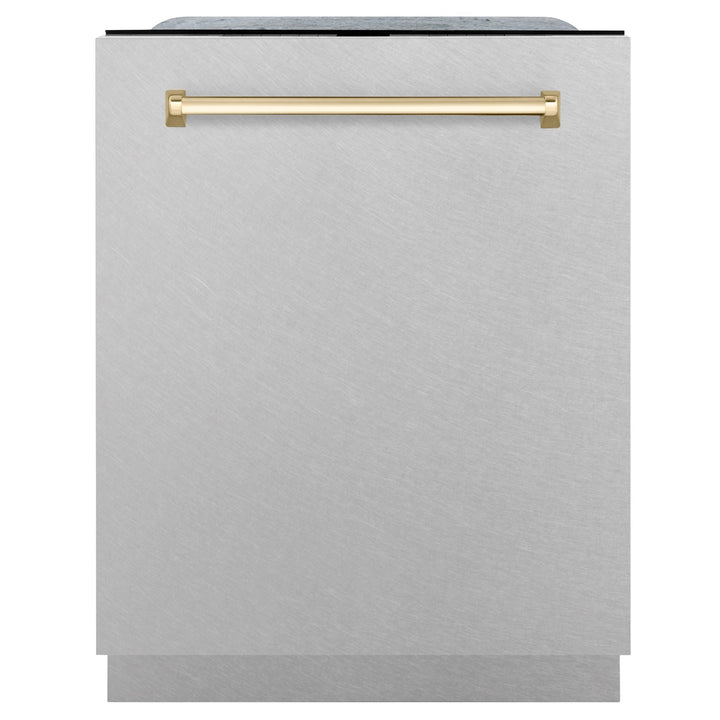 ZLINE Autograph Edition 24" Monument Series 3rd Rack Top Touch Control Tall Tub Dishwasher in Fingerprint Resistant Stainless Steel with Polished Gold Handle, 45dBa (DWMTZ-SN-24-G)