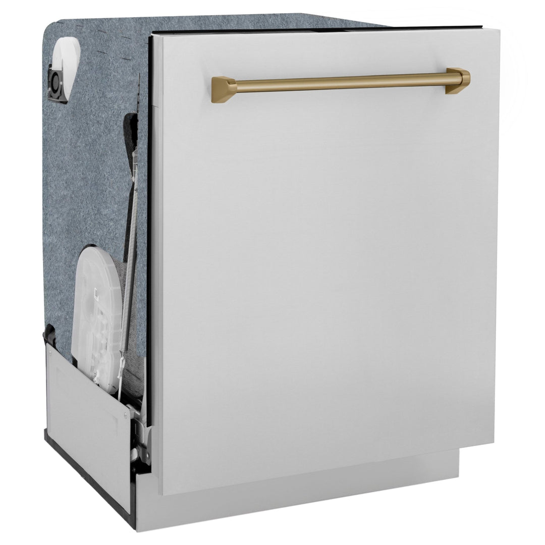 ZLINE Autograph Edition 24" Monument Series 3rd Rack Top Touch Control Tall Tub Dishwasher in Stainless Steel with Champagne Bronze Handle, 45dBa (DWMTZ-304-24-CB)