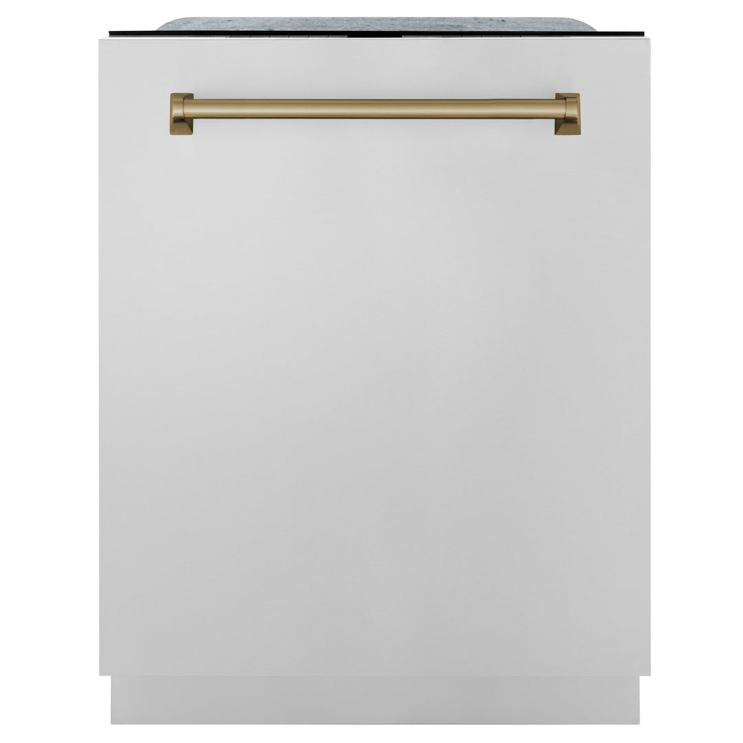 ZLINE Autograph Edition 24" Monument Series 3rd Rack Top Touch Control Tall Tub Dishwasher in Stainless Steel with Champagne Bronze Handle, 45dBa (DWMTZ-304-24-CB)