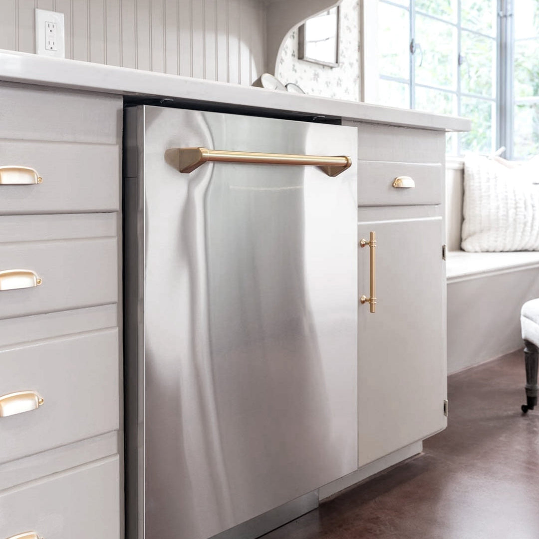 ZLINE Autograph Edition 24" Monument Series 3rd Rack Top Touch Control Tall Tub Dishwasher in Stainless Steel with Champagne Bronze Handle, 45dBa (DWMTZ-304-24-CB)