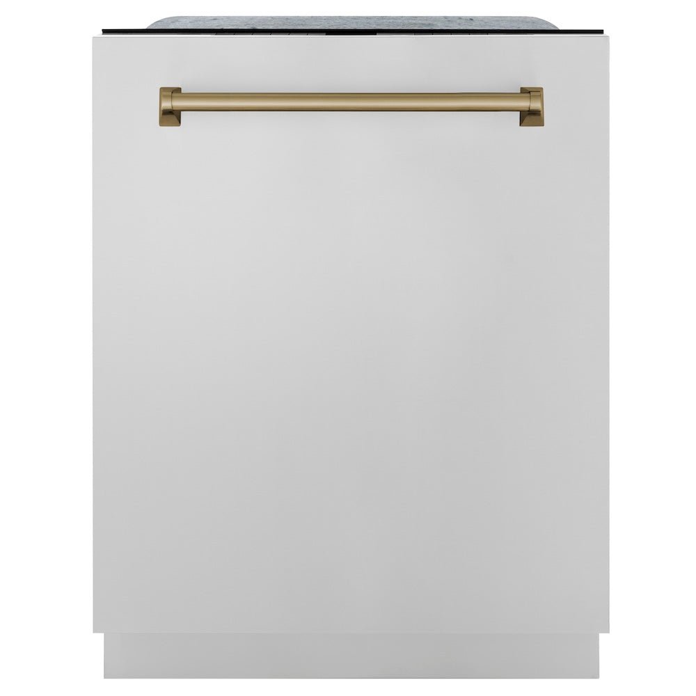 ZLINE Autograph Edition 24" Monument Series 3rd Rack Top Touch Control Tall Tub Dishwasher in Stainless Steel with Champagne Bronze Handle, 45dBa (DWMTZ-304-24-CB)