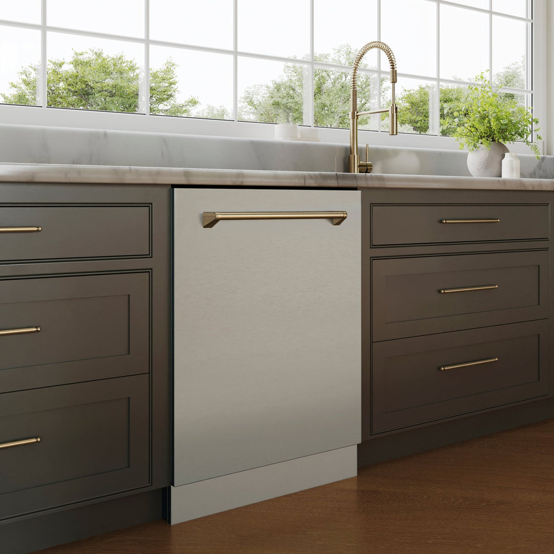 ZLINE Autograph Edition 24" Monument Series 3rd Rack Top Touch Control Tall Tub Dishwasher in Stainless Steel with Champagne Bronze Handle, 45dBa (DWMTZ-304-24-CB)