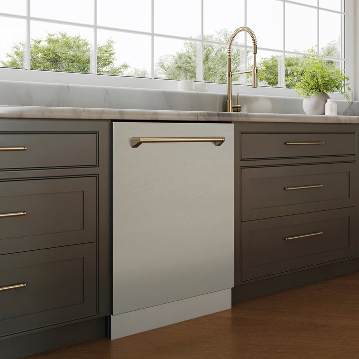 ZLINE Autograph Edition 24" Monument Series 3rd Rack Top Touch Control Tall Tub Dishwasher in Stainless Steel with Champagne Bronze Handle, 45dBa (DWMTZ-304-24-CB)