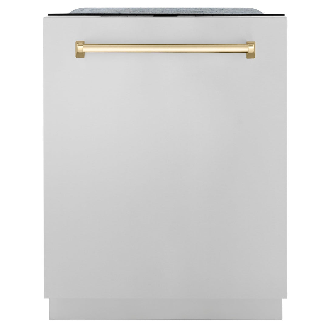 ZLINE Autograph Edition 24" Monument Series 3rd Rack Top Touch Control Tall Tub Dishwasher in Stainless Steel with Polished Gold Handle, 45dBa (DWMTZ-304-24-G)