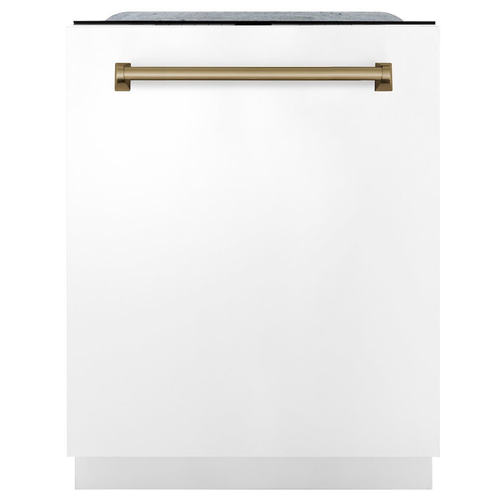 ZLINE Autograph Edition 24" Monument Series 3rd Rack Top Touch Control Tall Tub Dishwasher in White Matte with Champagne Bronze Handle, 45dBa (DWMTZ-WM-24-CB)