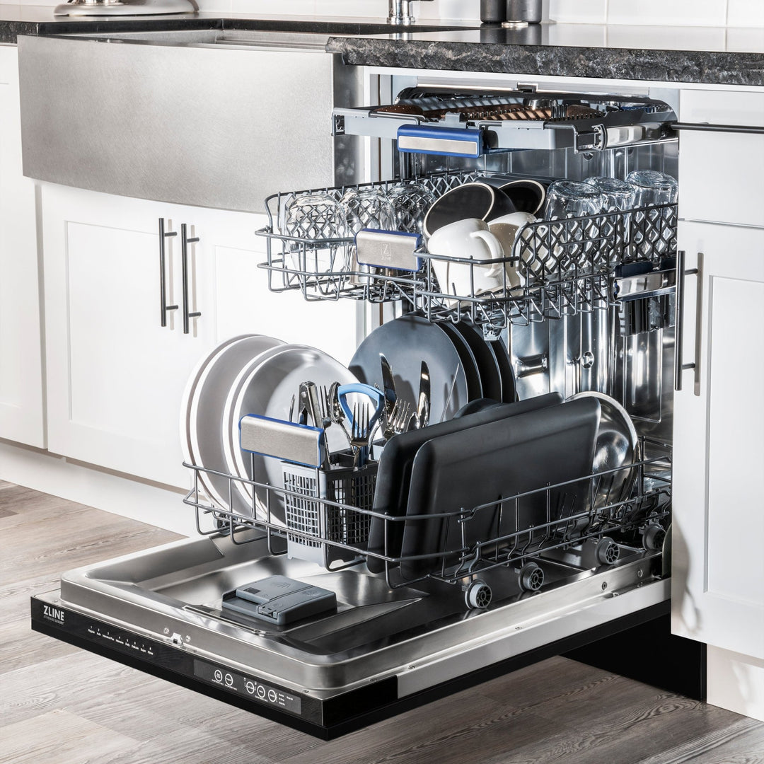 ZLINE Autograph Edition 24" Tallac Series 3rd Rack Top Control Built-In Tall Tub Dishwasher in Black Stainless Steel with Polished Gold Handle, 51dBa (DWVZ-BS-24-G)