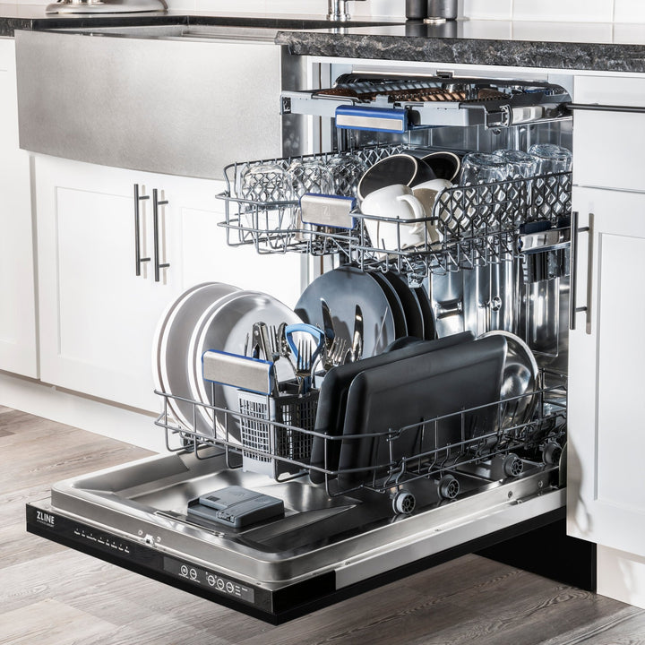 ZLINE Autograph Edition 24" Tallac Series 3rd Rack Top Control Built-In Tall Tub Dishwasher in Black Stainless Steel with Polished Gold Handle, 51dBa (DWVZ-BS-24-G)