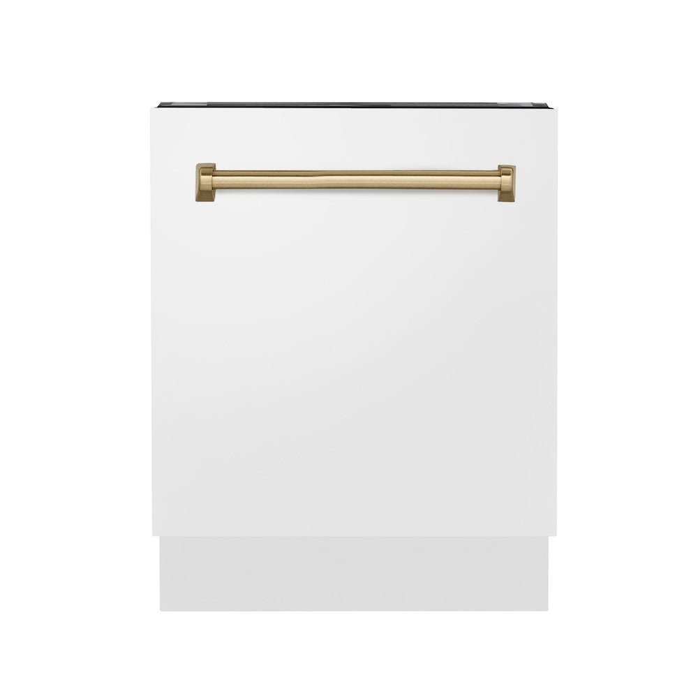ZLINE Autograph Edition 24" Tallac Series 3rd Rack Top Control Built-In Tall Tub Dishwasher in White Matte with Champagne Bronze Handle, 51dBa (DWVZ-WM-24-CB)