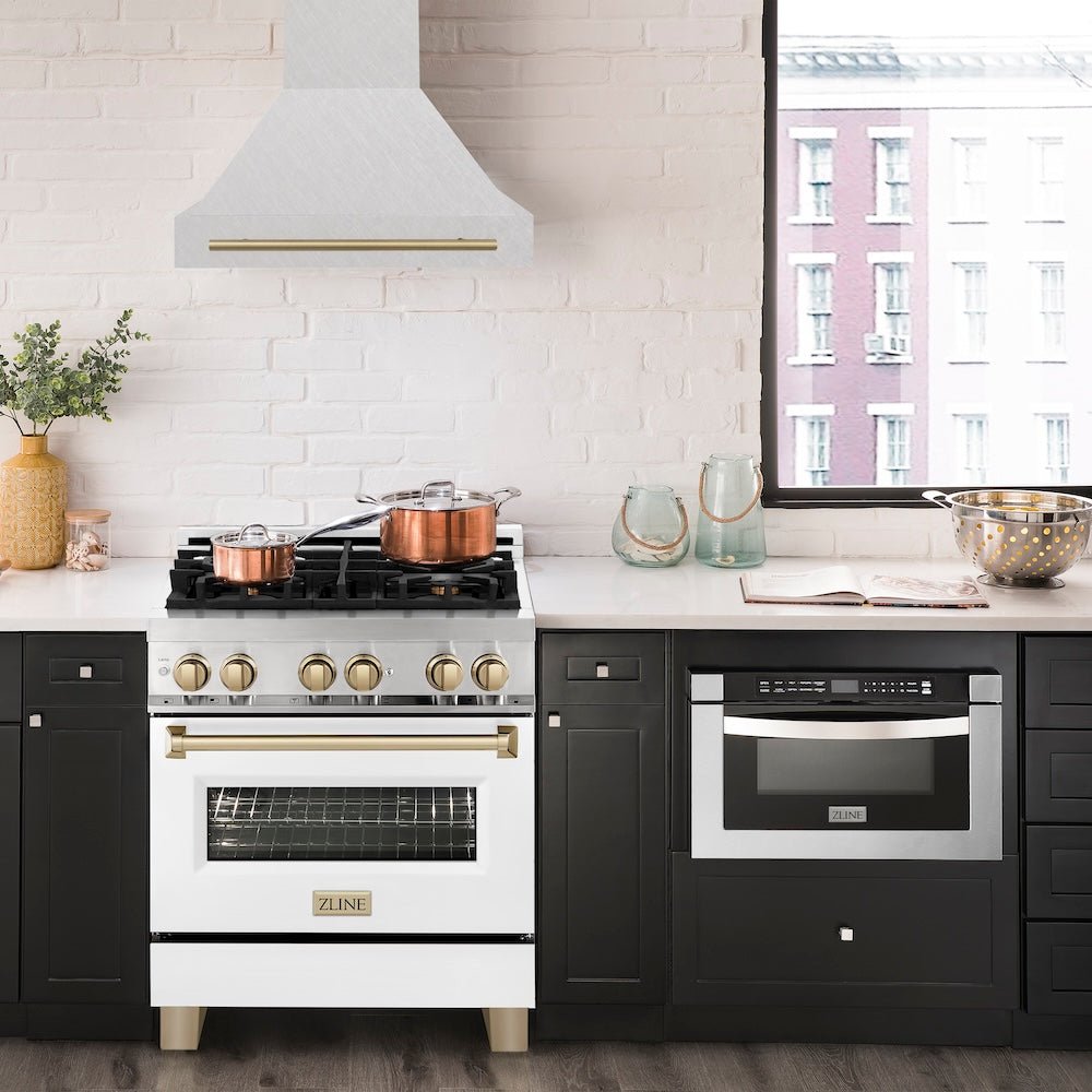 ZLINE Autograph Edition 30" Fingerprint Resistant Stainless Steel Range Hood with Champagne Bronze Handle (8654SNZ-30-CB)