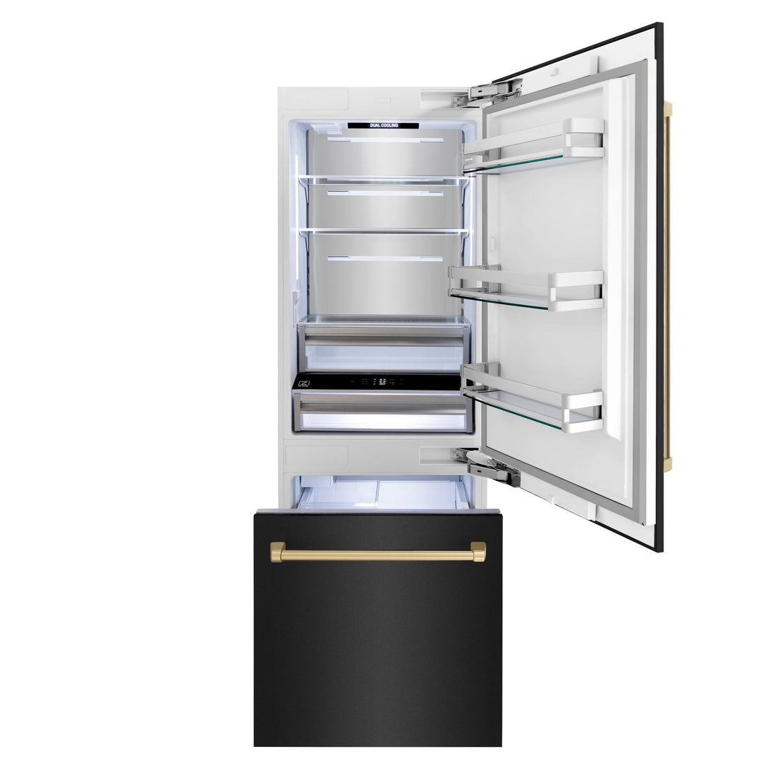 ZLINE Autograph Edition 30 in. 16.1 cu. ft. Built-In Bottom Freezer Refrigerator with Water Dispenser and Ice Maker in Black Stainless Steel with Champagne Bronze Accents (RBIVZ-BS-30-CB)