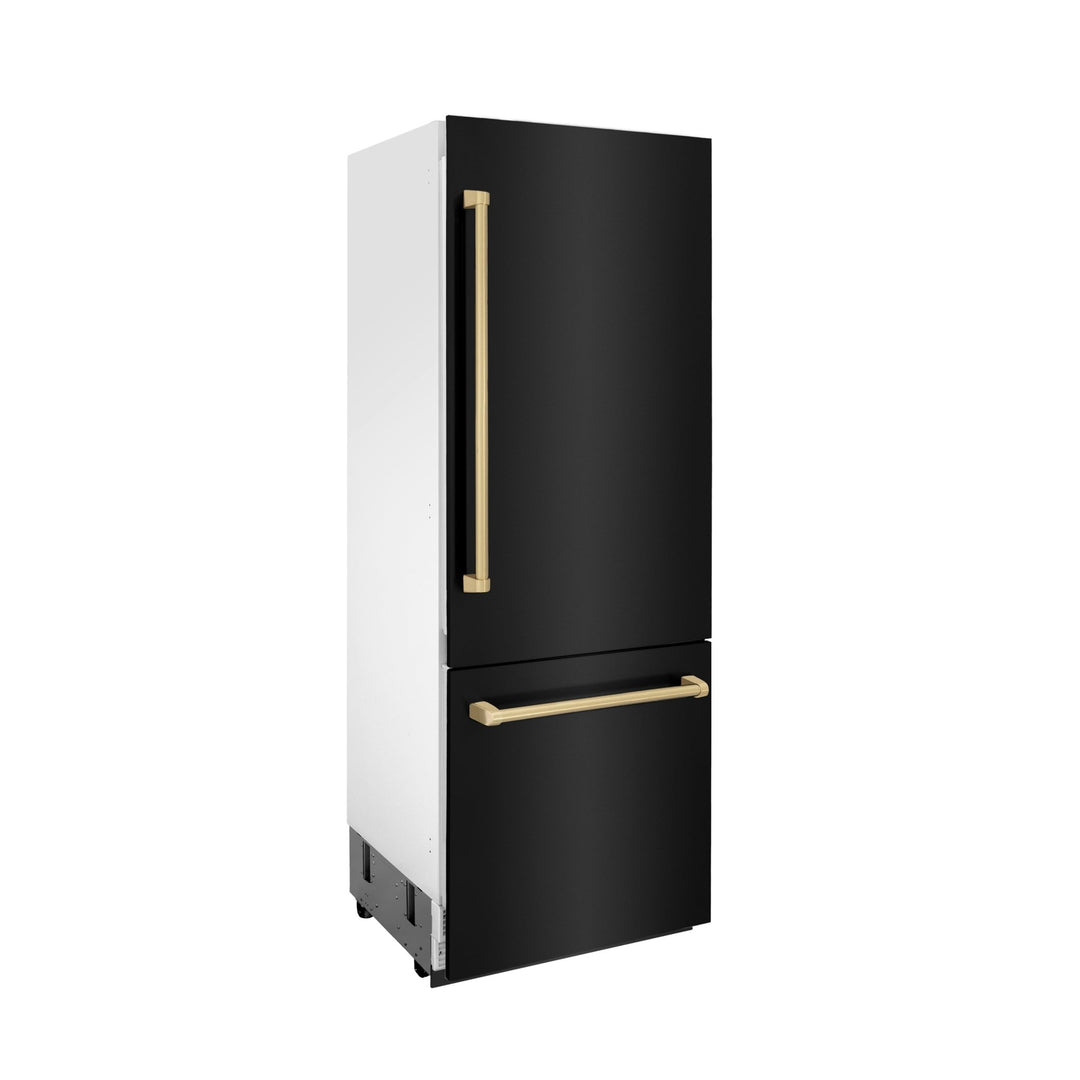 ZLINE Autograph Edition 30 in. 16.1 cu. ft. Built-In Bottom Freezer Refrigerator with Water Dispenser and Ice Maker in Black Stainless Steel with Champagne Bronze Accents (RBIVZ-BS-30-CB)