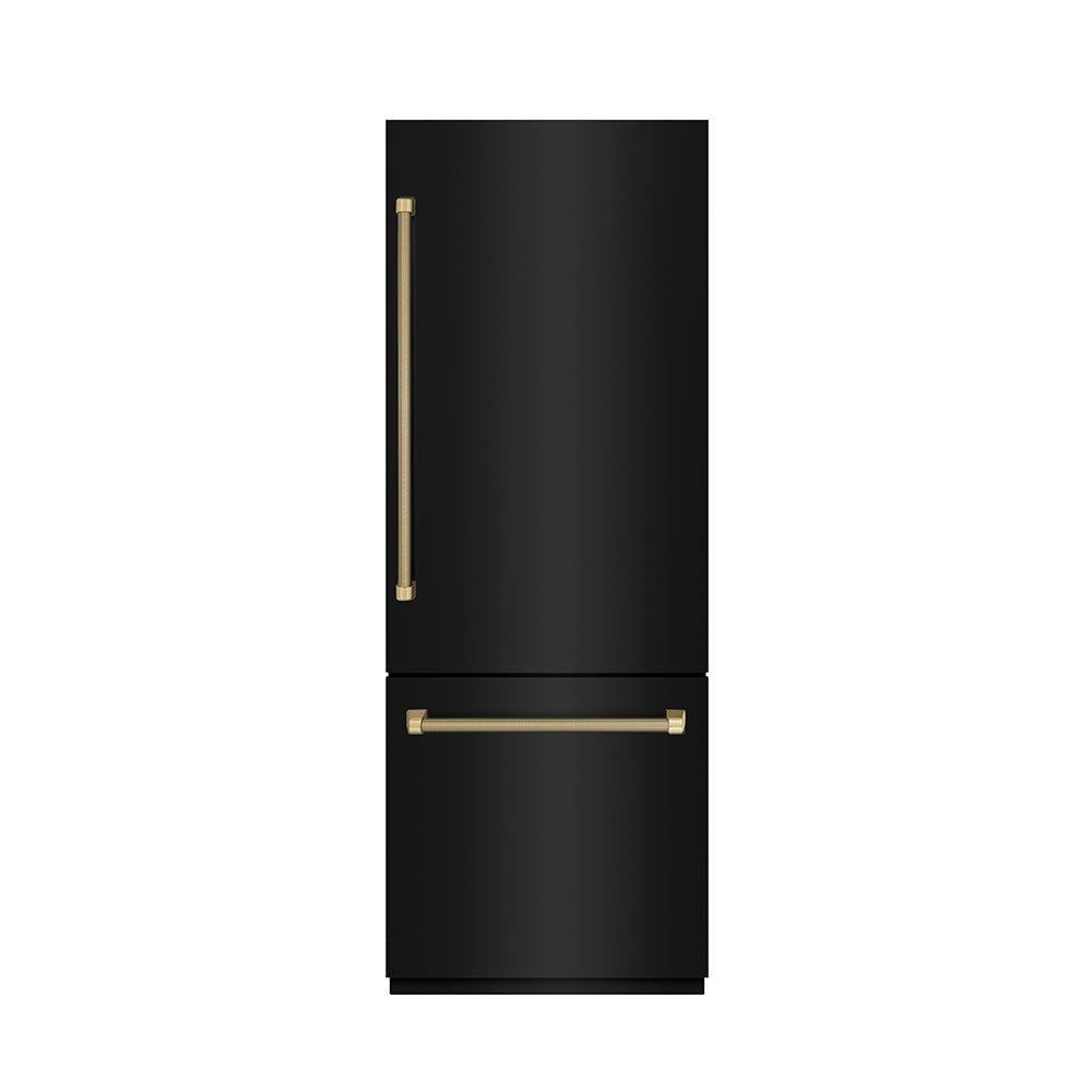 ZLINE Autograph Edition 30 in. 16.1 cu. ft. Built-In Bottom Freezer Refrigerator with Water Dispenser and Ice Maker in Black Stainless Steel with Graphite Gray Interior and Champagne Bronze Helix Handles (GRBIVZ-BS30KCB)