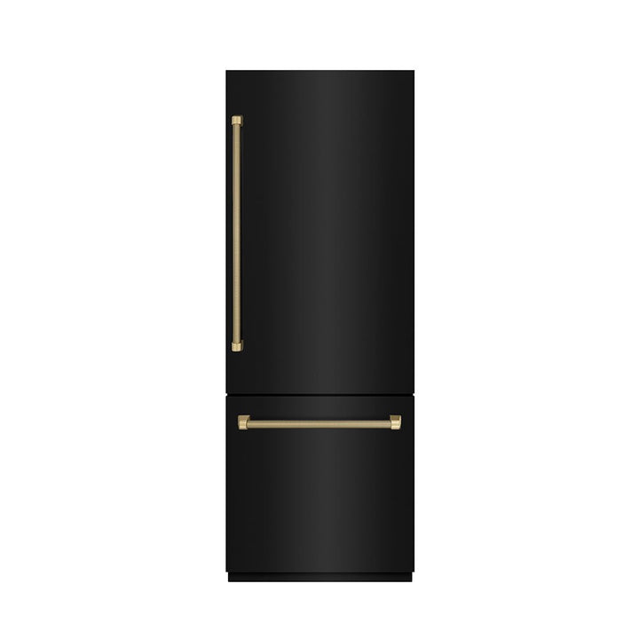 ZLINE Autograph Edition 30 in. 16.1 cu. ft. Built-In Bottom Freezer Refrigerator with Water Dispenser and Ice Maker in Black Stainless Steel with Graphite Gray Interior and Champagne Bronze Helix Handles (GRBIVZ-BS30KCB)