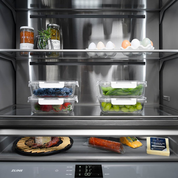 ZLINE Autograph Edition 30 in. 16.1 cu. ft. Built-In Bottom Freezer Refrigerator with Water Dispenser and Ice Maker in Black Stainless Steel with Graphite Gray Interior and Polished Gold Helix Handles (GRBIVZ-BS30KG)