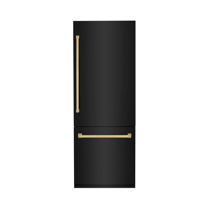 ZLINE Autograph Edition 30 in. 16.1 cu. ft. Built-In Bottom Freezer Refrigerator with Water Dispenser and Ice Maker in Black Stainless Steel with Polished Gold Accents (RBIVZ-BS-30-G)