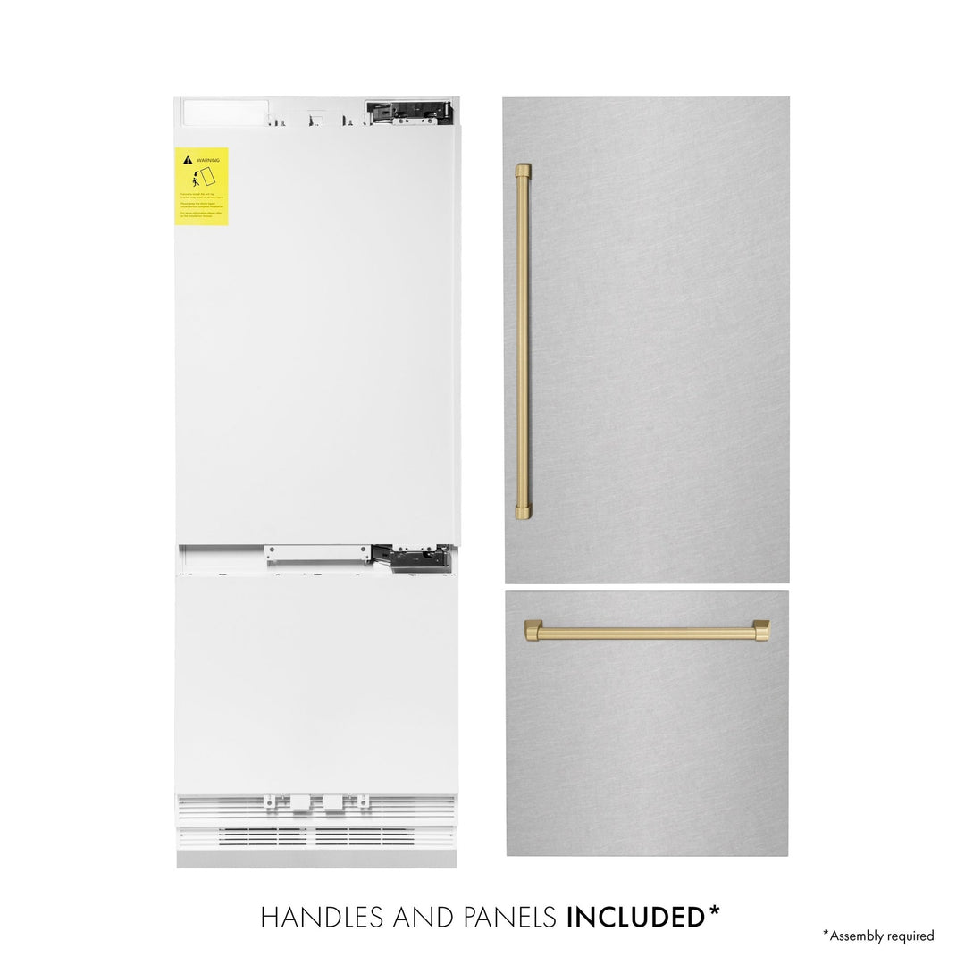 ZLINE Autograph Edition 30 in. 16.1 cu. ft. Built-In Bottom Freezer Refrigerator with Water Dispenser and Ice Maker in Satin Stainless Steel with Champagne Bronze Accents (RBIVZ-SN-30-CB)