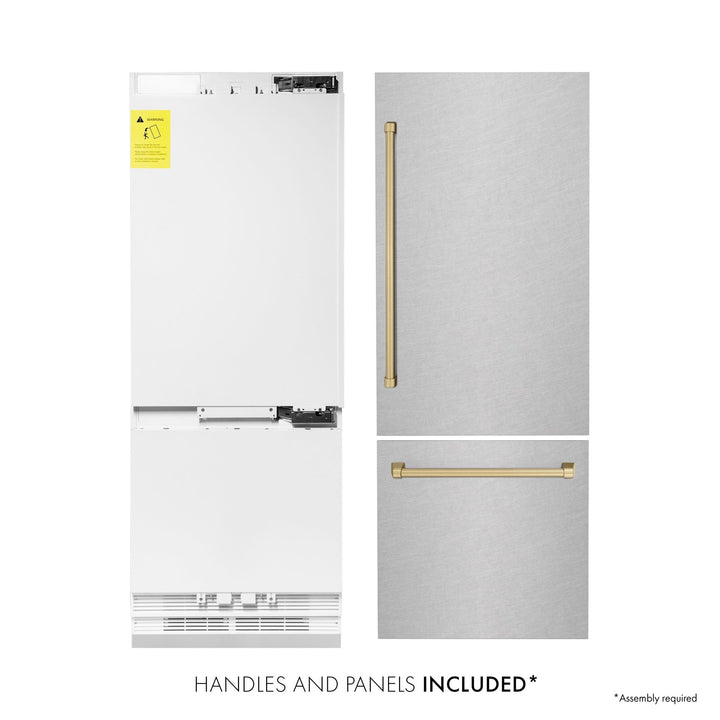 ZLINE Autograph Edition 30 in. 16.1 cu. ft. Built-In Bottom Freezer Refrigerator with Water Dispenser and Ice Maker in Satin Stainless Steel with Champagne Bronze Accents (RBIVZ-SN-30-CB)