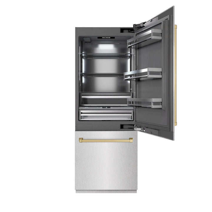 ZLINE Autograph Edition 30 in. 16.1 cu. ft. Built-In Bottom Freezer Refrigerator with Water Dispenser and Ice Maker in Satin Stainless Steel with Graphite Gray Interior and Champagne Bronze Accents (GRBIVZ-SN-30-CB)