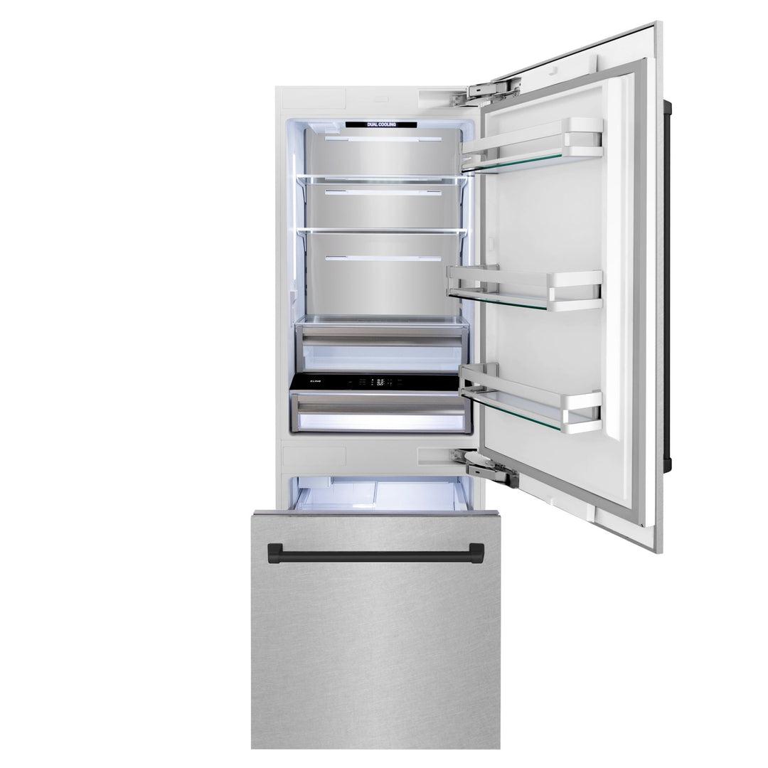 ZLINE Autograph Edition 30 in. 16.1 cu. ft. Built-In Bottom Freezer Refrigerator with Water Dispenser and Ice Maker in Satin Stainless Steel with Matte Black Accents (RBIVZ-SN-30-MB)