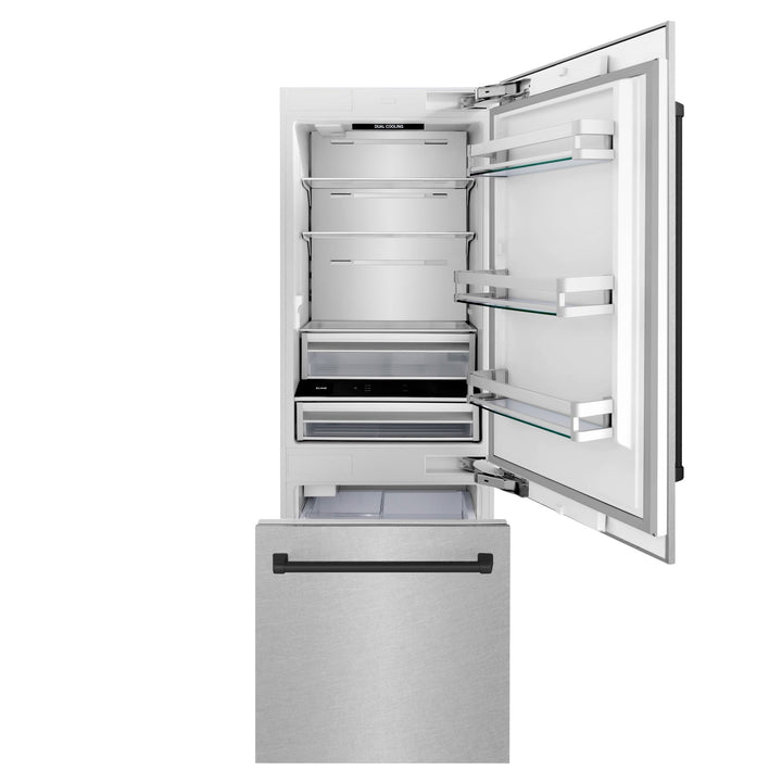 ZLINE Autograph Edition 30 in. 16.1 cu. ft. Built-In Bottom Freezer Refrigerator with Water Dispenser and Ice Maker in Satin Stainless Steel with Matte Black Accents (RBIVZ-SN-30-MB)