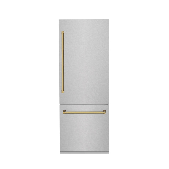 ZLINE Autograph Edition 30 in. 16.1 cu. ft. Built-In Bottom Freezer Refrigerator with Water Dispenser and Ice Maker in Satin Stainless Steel with Polished Gold Accents (RBIVZ-SN-30-G)