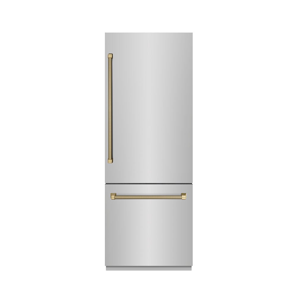 ZLINE Autograph Edition 30 in. 16.1 cu. ft. Built-In Bottom Freezer Refrigerator with Water Dispenser and Ice Maker in Stainless Steel with Graphite Gray Interior and Champagne Bronze Helix Handles (GRBIVZ-30430KCB)
