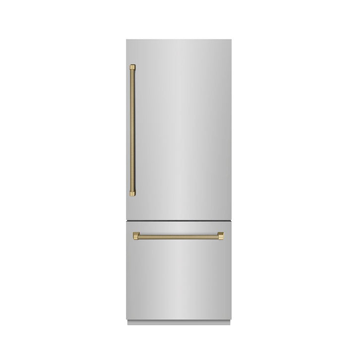 ZLINE Autograph Edition 30 in. 16.1 cu. ft. Built-In Bottom Freezer Refrigerator with Water Dispenser and Ice Maker in Stainless Steel with Graphite Gray Interior and Champagne Bronze Helix Handles (GRBIVZ-30430KCB)