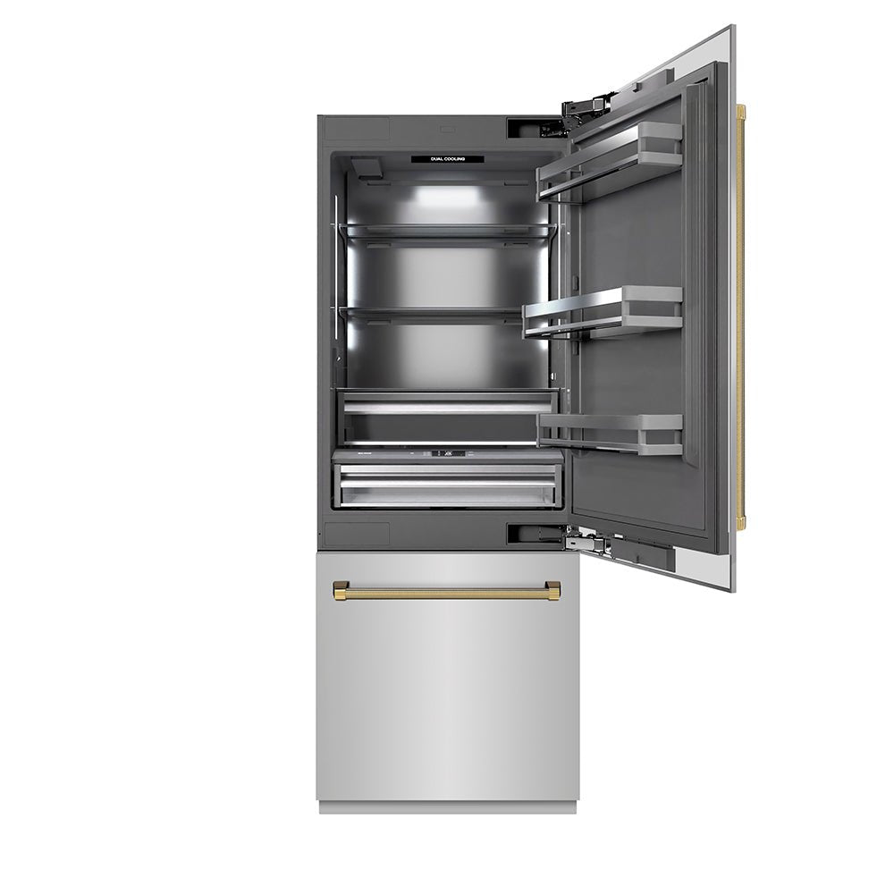 ZLINE Autograph Edition 30 in. 16.1 cu. ft. Built-In Bottom Freezer Refrigerator with Water Dispenser and Ice Maker in Stainless Steel with Graphite Gray Interior and Polished Gold Helix Handles (GRBIVZ-30430KG)