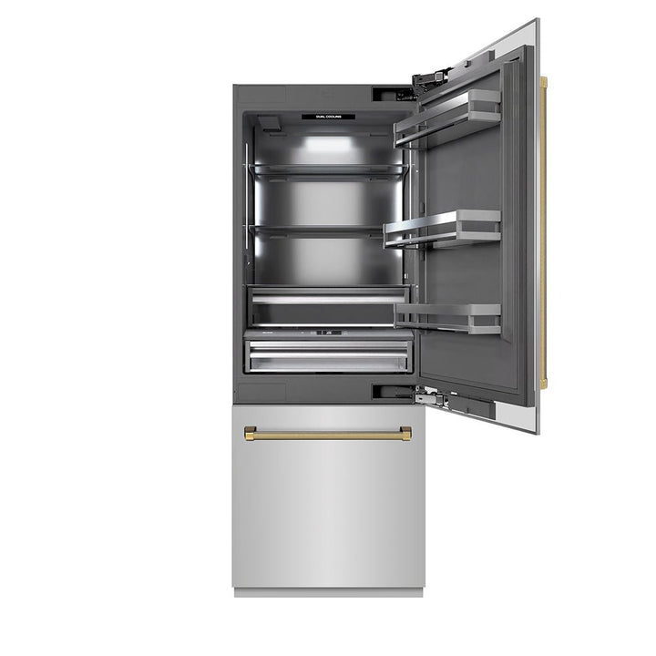 ZLINE Autograph Edition 30 in. 16.1 cu. ft. Built-In Bottom Freezer Refrigerator with Water Dispenser and Ice Maker in Stainless Steel with Graphite Gray Interior and Polished Gold Helix Handles (GRBIVZ-30430KG)