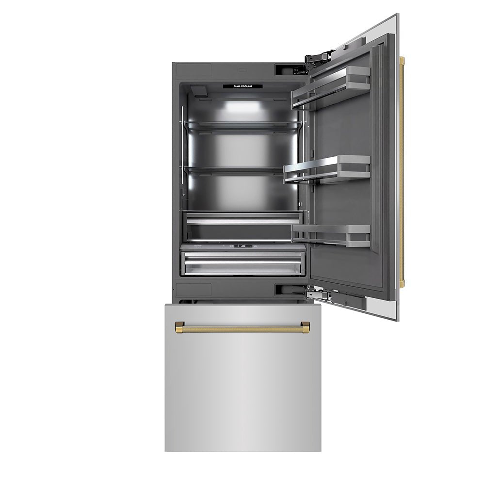 ZLINE Autograph Edition 30 in. 16.1 cu. ft. Built-In Bottom Freezer Refrigerator with Water Dispenser and Ice Maker in Stainless Steel with Graphite Gray Interior and Polished Gold Helix Handles (GRBIVZ-30430KG)