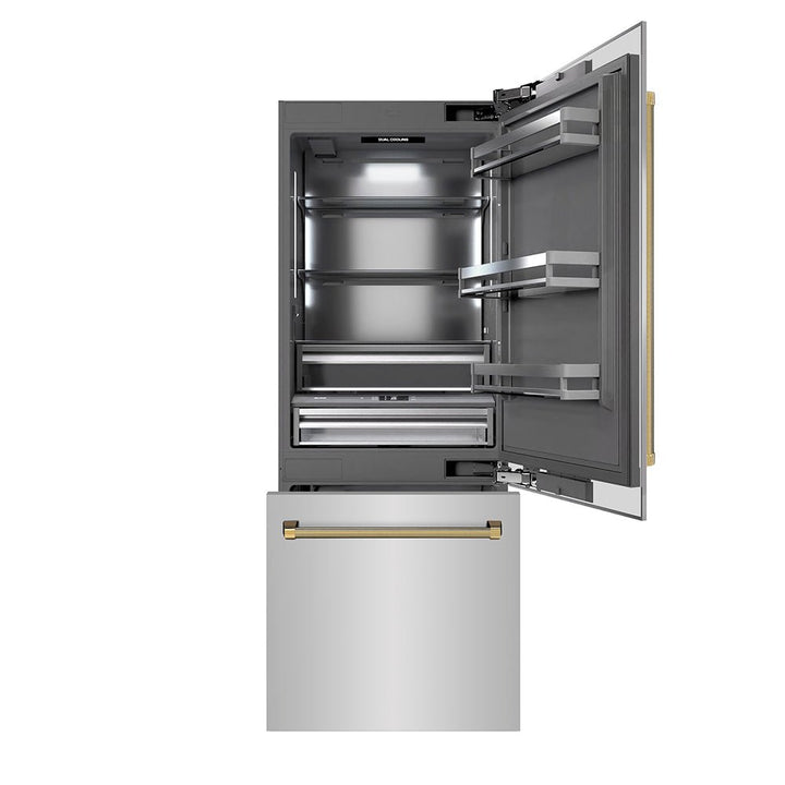 ZLINE Autograph Edition 30 in. 16.1 cu. ft. Built-In Bottom Freezer Refrigerator with Water Dispenser and Ice Maker in Stainless Steel with Graphite Gray Interior and Polished Gold Helix Handles (GRBIVZ-30430KG)