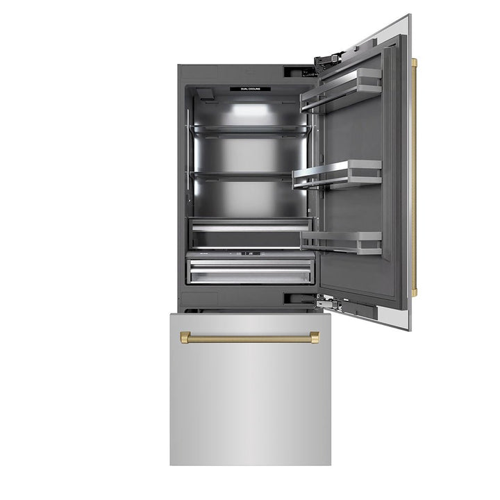 ZLINE Autograph Edition 30 in. 16.1 cu. ft. Built-In Bottom Freezer Refrigerator with Water Dispenser and Ice Maker in Stainless Steel with Graphite Gray Interior and Champagne Bronze Helix Handles (GRBIVZ-30430KCB)