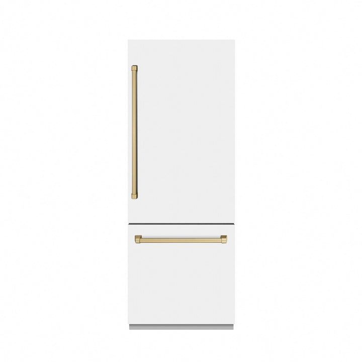 ZLINE Autograph Edition 30 in. 16.1 cu. ft. Built-In Bottom Freezer Refrigerator with Water Dispenser and Ice Maker in White Matte with Graphite Gray Interior and Champagne Bronze Accents (GRBIVZ-WM-30-CB)