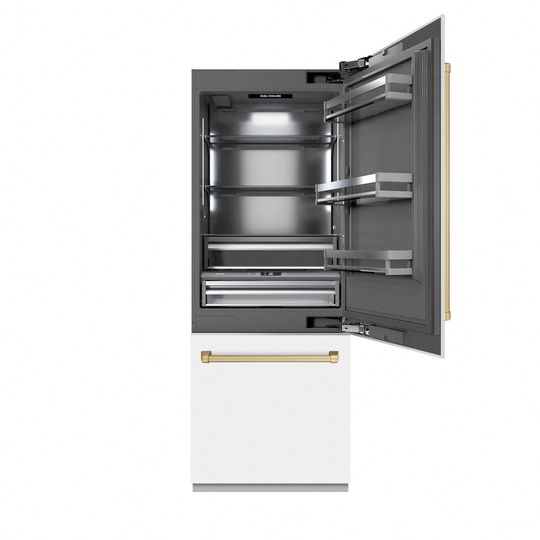 ZLINE Autograph Edition 30 in. 16.1 cu. ft. Built-In Bottom Freezer Refrigerator with Water Dispenser and Ice Maker in White Matte with Graphite Gray Interior and Champagne Bronze Accents (GRBIVZ-WM-30-CB)
