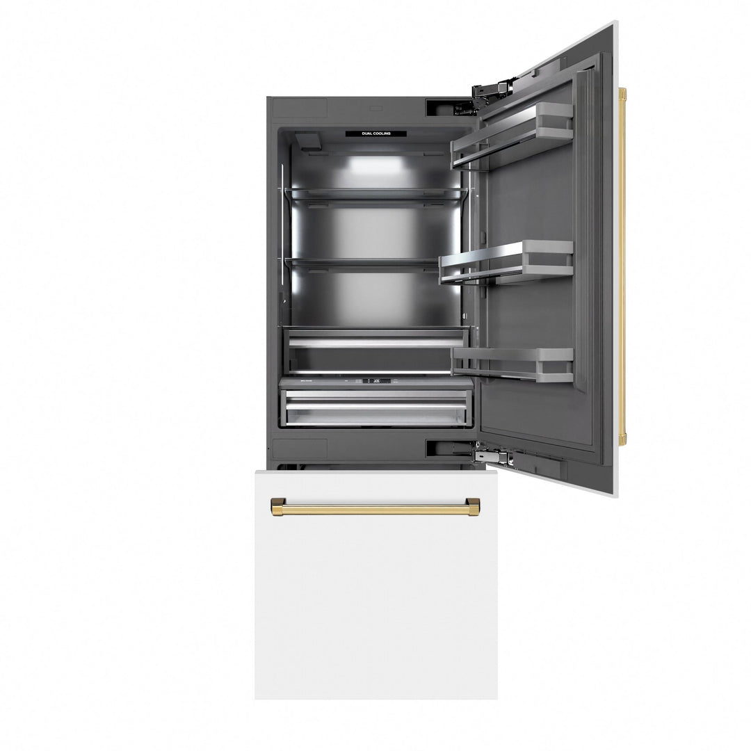 ZLINE Autograph Edition 30 in. 16.1 cu. ft. Built-In Bottom Freezer Refrigerator with Water Dispenser and Ice Maker in White Matte with Graphite Gray Interior and Polished Gold Accents (GRBIVZ-WM-30-G)