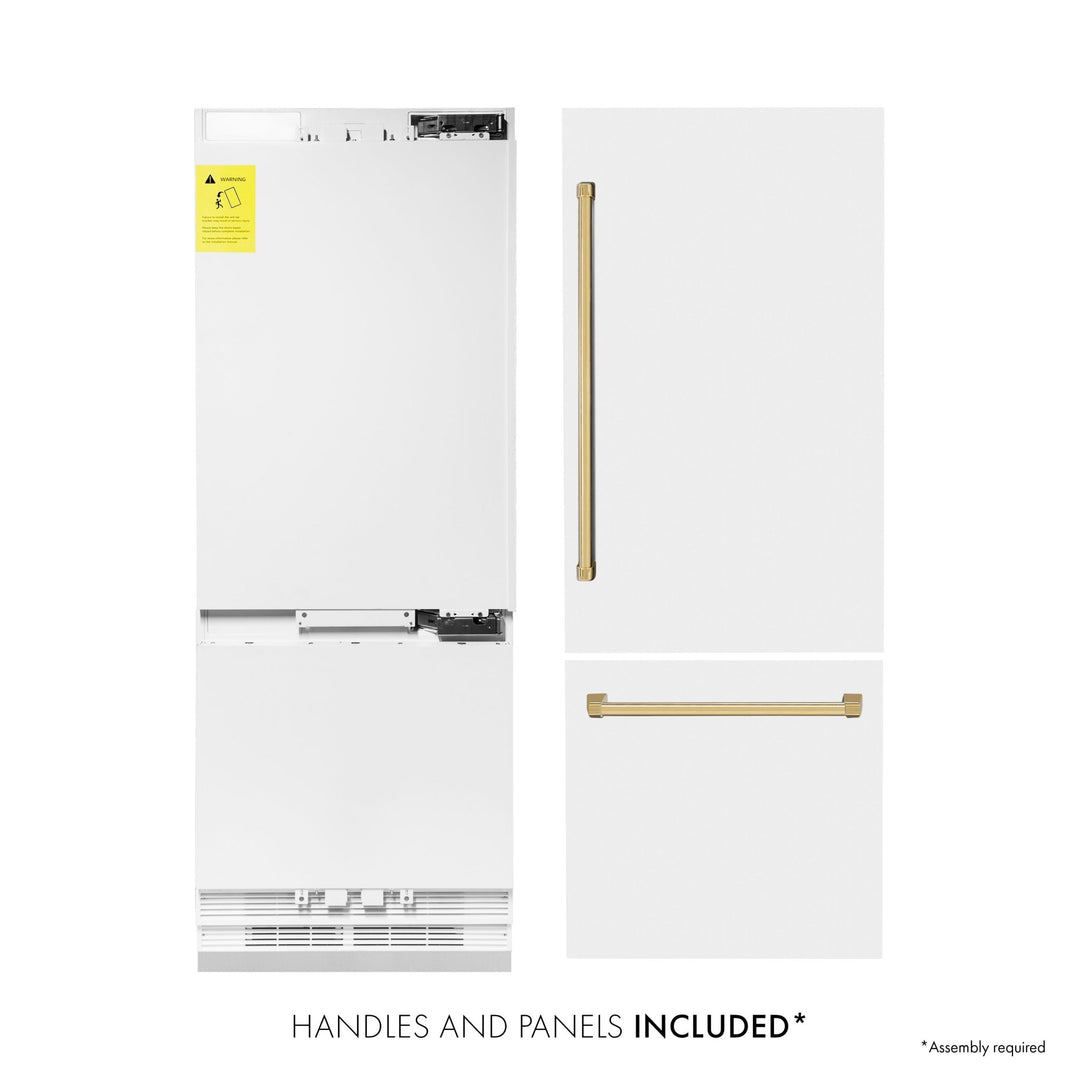 ZLINE Autograph Edition 30 in. 16.1 cu. ft. Built-In Bottom Freezer Refrigerator with Water Dispenser and Ice Maker in White Matte with Polished Gold Accents (RBIVZ-WM-30-G)
