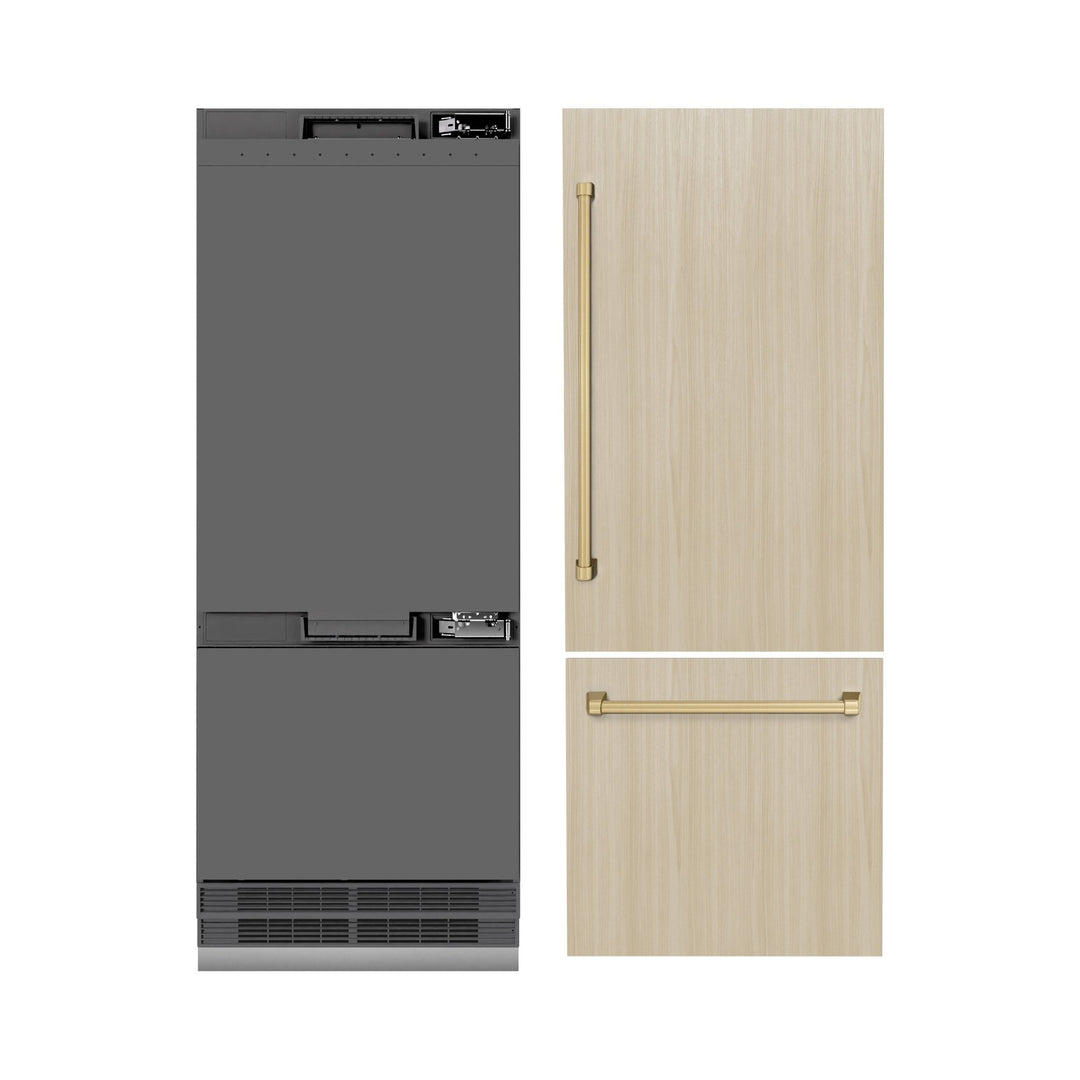 ZLINE Autograph Edition 30 in. 16.1 cu. ft. Panel Ready Built-In Bottom Freezer Refrigerator with Water Dispenser and Ice Maker with Graphite Gray Interior and Champagne Bronze Accents (GRBIVZ-30-CB)