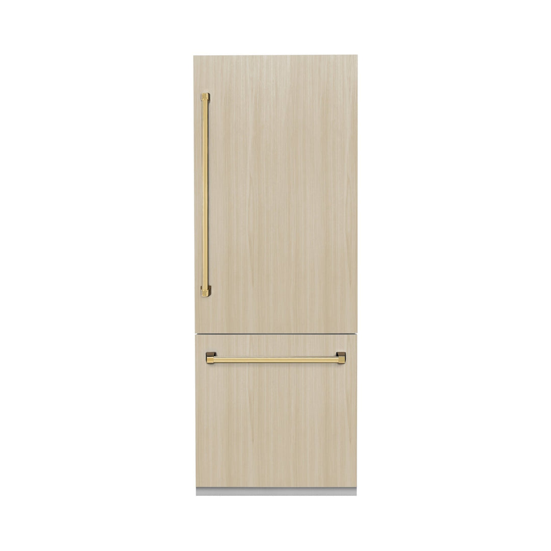 ZLINE Autograph Edition 30 in. 16.1 cu. ft. Panel Ready Built-In Bottom Freezer Refrigerator with Water Dispenser and Ice Maker with Polished Gold Accents (RBIVZ-30-G)
