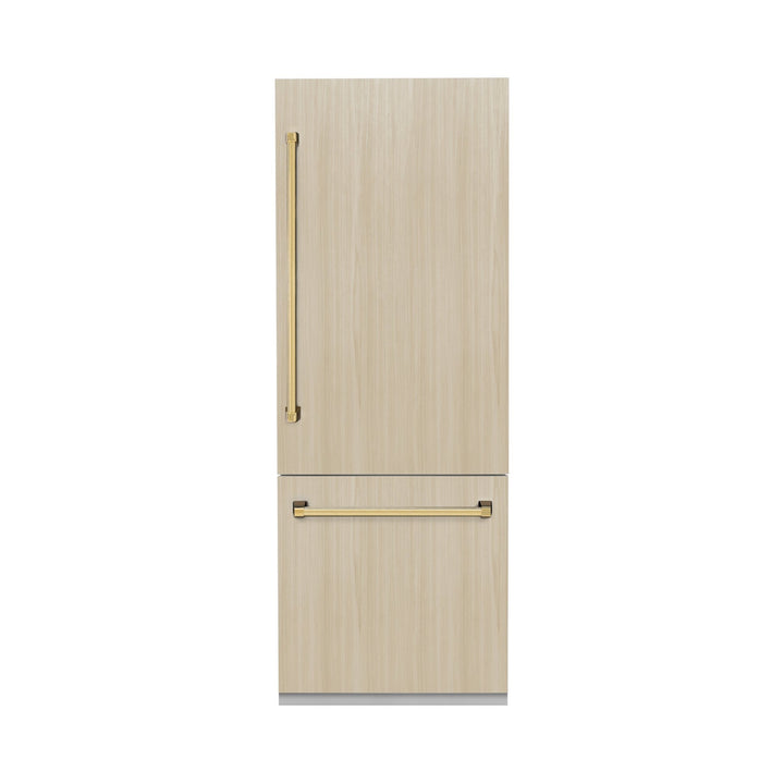 ZLINE Autograph Edition 30 in. 16.1 cu. ft. Panel Ready Built-In Bottom Freezer Refrigerator with Water Dispenser and Ice Maker with Polished Gold Accents (RBIVZ-30-G)