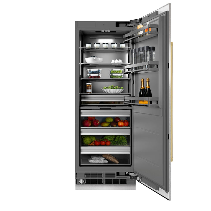ZLINE Autograph Edition 30 in. 16.7 cu. ft. Column Refrigerator in Satin Stainless Steel with Graphite Gray Interior and Polished Gold Accents (RCRVZ-SN-30-G)