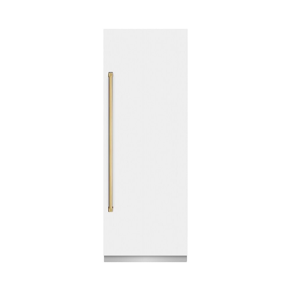 ZLINE Autograph Edition 30 in. 16.7 cu. ft. Column Refrigerator in White Matte with Graphite Gray Interior and Polished Gold Accents (RCRVZ-WM-30-G)