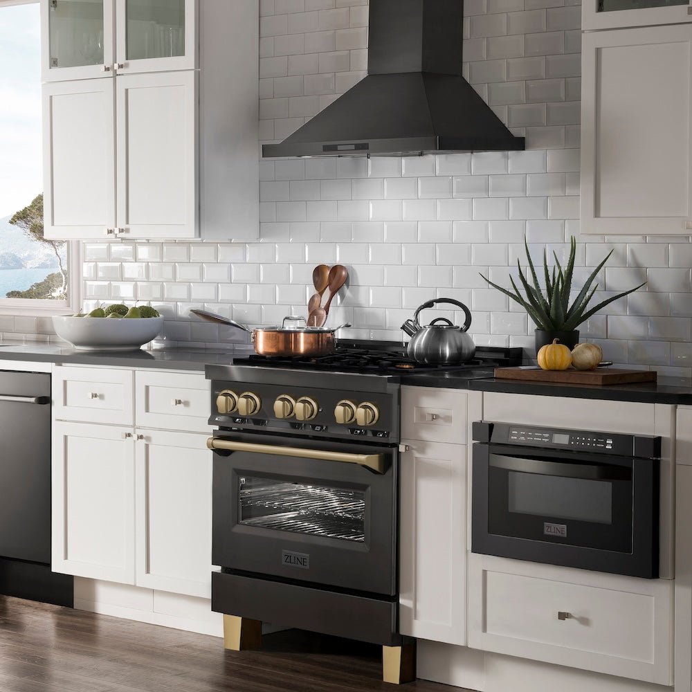 ZLINE Autograph Edition 30 in. 4.0 cu. ft. Legacy Dual Fuel Range with 4 Burner Gas Cooktop and Electric Convection Oven in Black Stainless Steel and Champagne Bronze Accents (RABZ-30-CB)