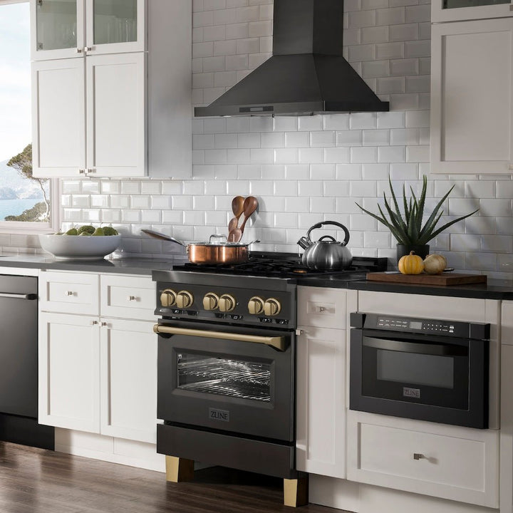ZLINE Autograph Edition 30 in. 4.0 cu. ft. Legacy Dual Fuel Range with 4 Burner Gas Cooktop and Electric Convection Oven in Black Stainless Steel and Champagne Bronze Accents (RABZ-30-CB)